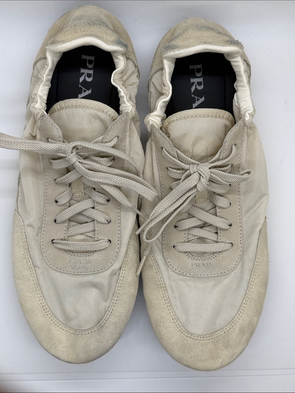 Prada Women Off-White/Tan Lace-Up Sneakers